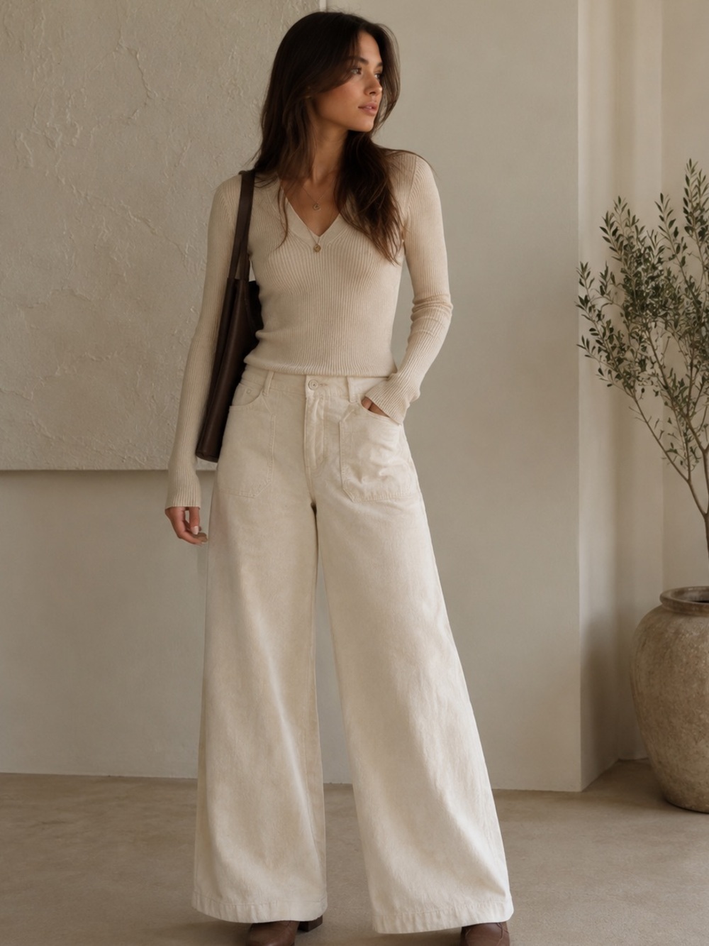 Max Studio Women's Cream Wide Leg Soft Velvet Feel Pants Size 8 - Big Pocket